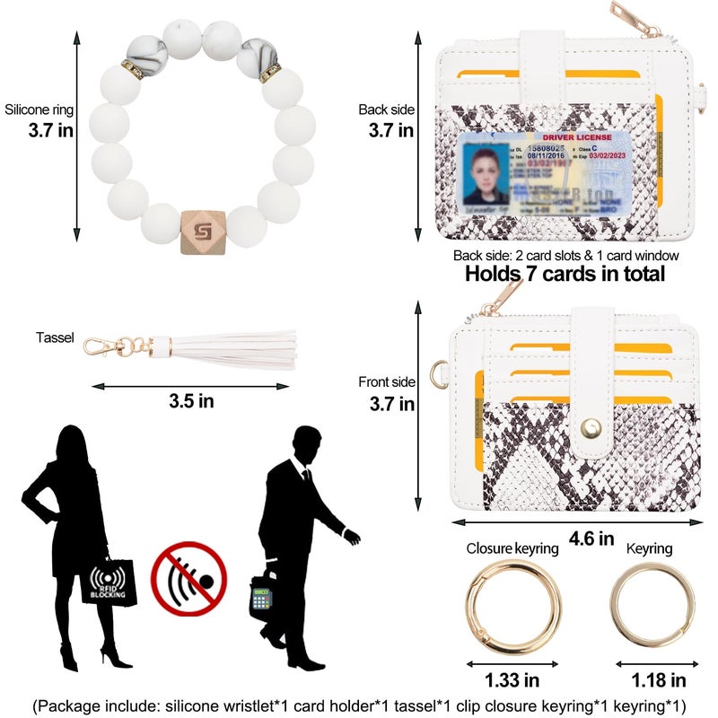 COOLANS Wristlet Bracelet Keychain Pocket Credit Card Holder Purse Tassel Keychain Bangle Key Ring for Women (Silicone Bead Bracelet+Card Purse (Snakeskin white)) - Image 2
